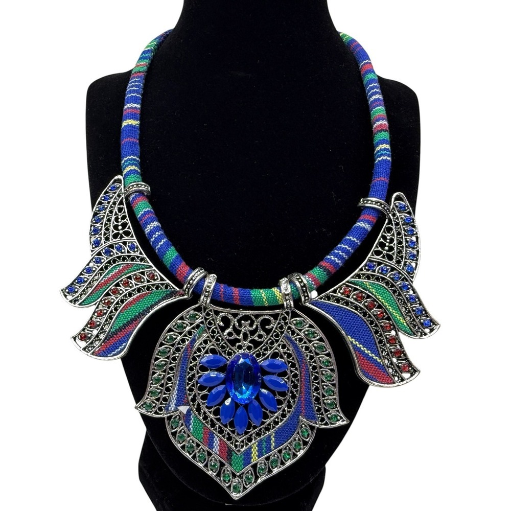 Boho Tribal Ethnic Statement Necklace Fabric Rope Acrylic Rhinestones Silver Ton